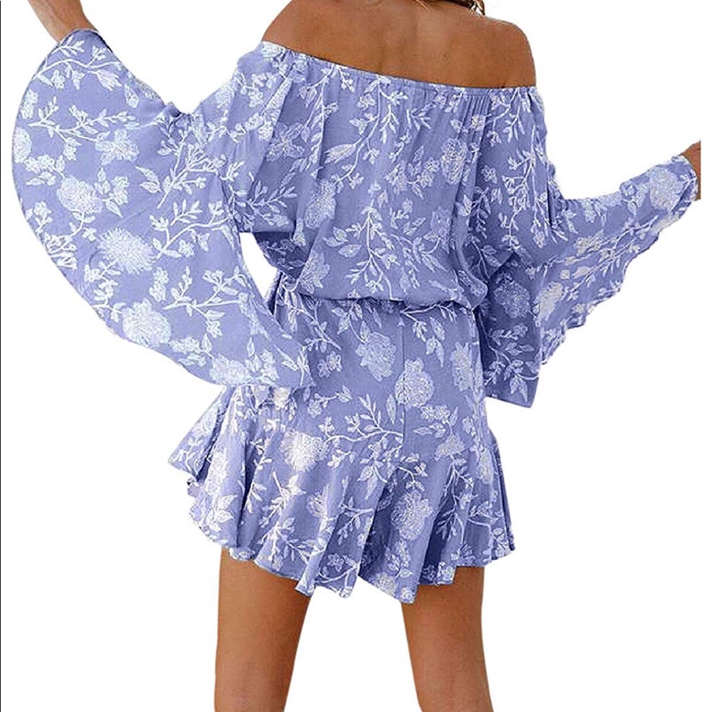 Off Shoulder Mini Dress Bell Sleeves Boho Floral